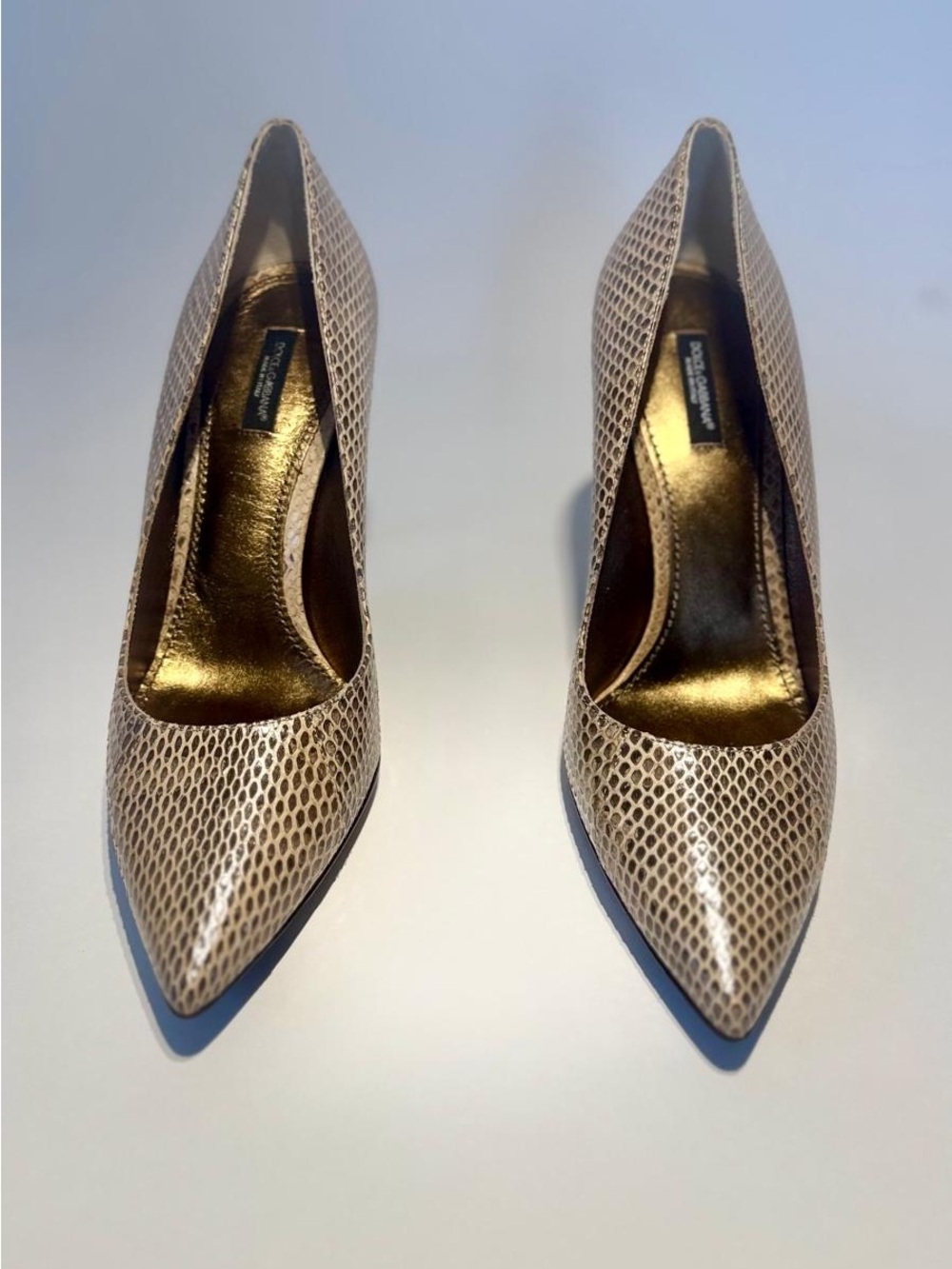 Dolce & Gabbana Pointed Toe Women's Pumps in Metallic Beige Snake-Print
